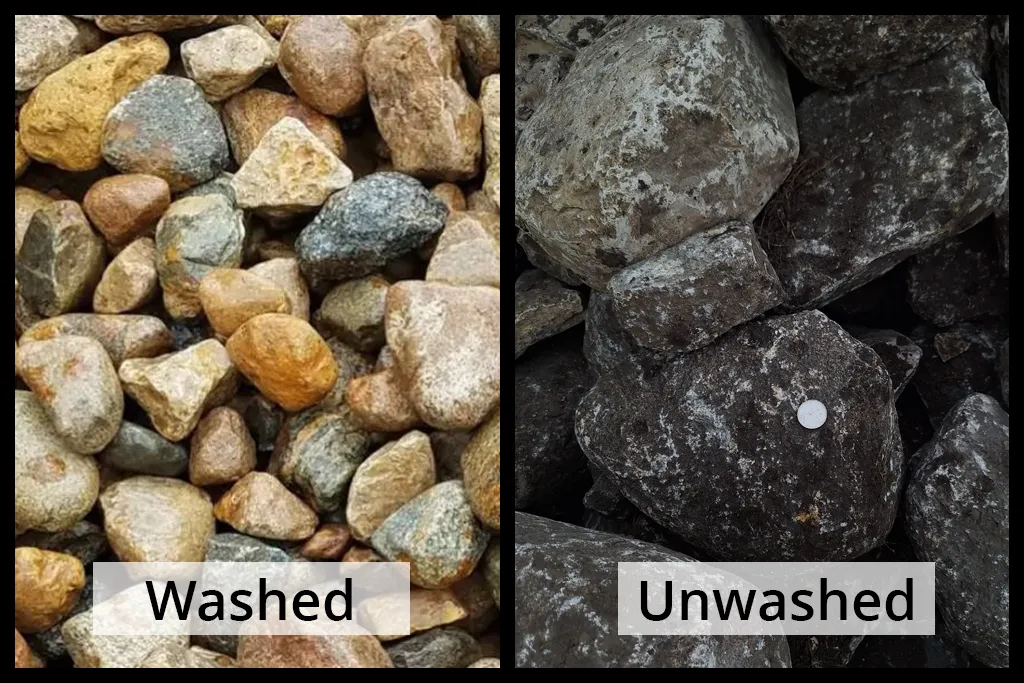 4-8" cobbles Glacier Granite Boulders side by side washed and unwashed