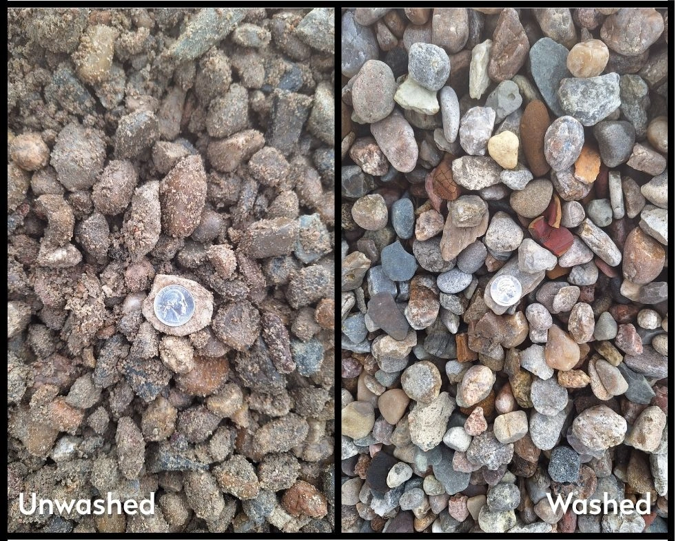 Unwashed River Rock - 1" - multicolored river rock - two photos - left is unwashed with sand/dirt, right is washed showing multi-colors and shapes