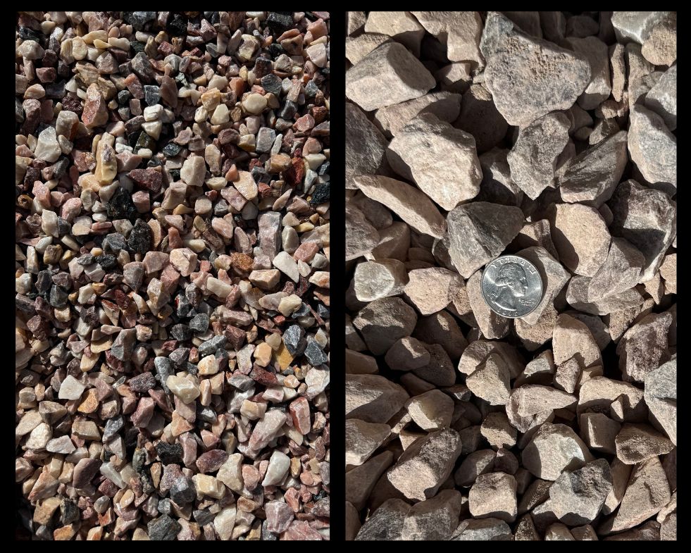 Rainbow Rock 3/4"-1". Left side is clean and washed rock. Right side is dirty rock in the bin straight form the quarry.